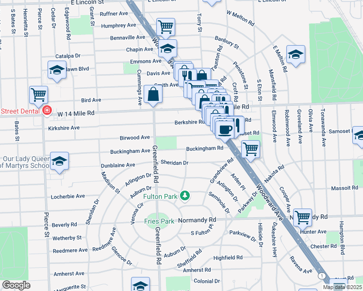 map of restaurants, bars, coffee shops, grocery stores, and more near 4412 Buckingham Road in Royal Oak
