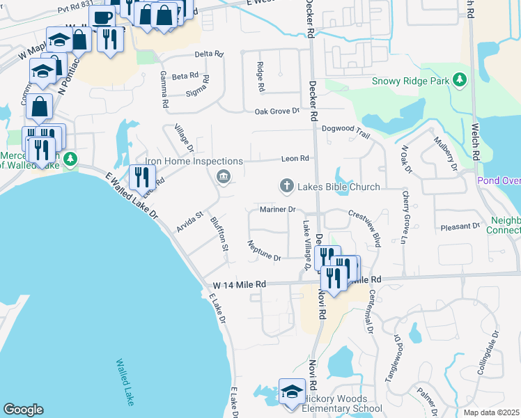 map of restaurants, bars, coffee shops, grocery stores, and more near 1469 Mariner in Walled Lake
