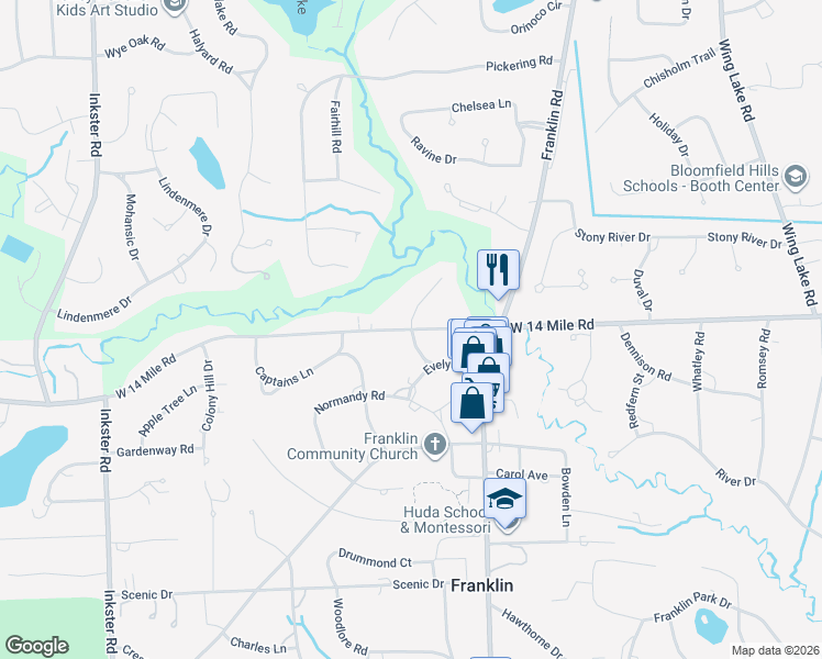 map of restaurants, bars, coffee shops, grocery stores, and more near 19705 Franklin Court in Franklin