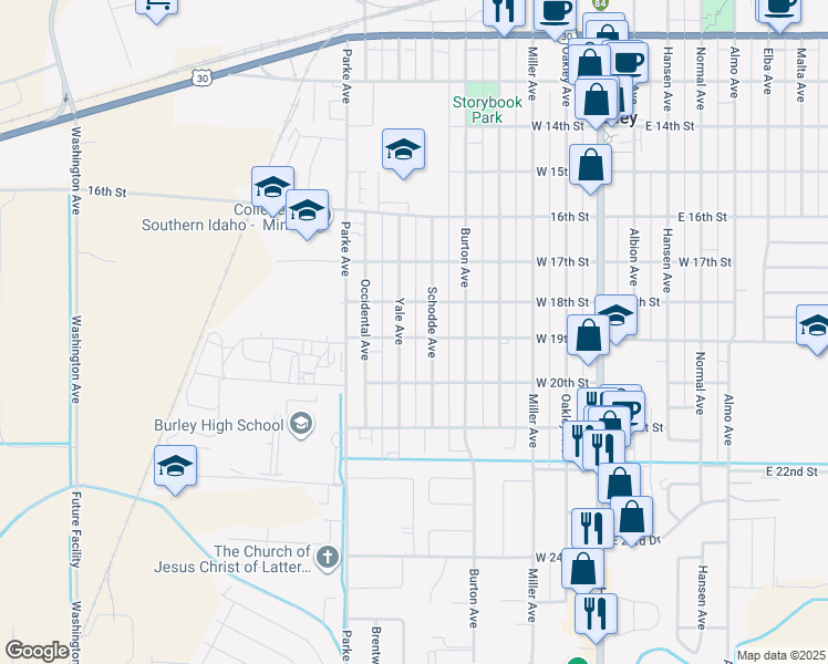 map of restaurants, bars, coffee shops, grocery stores, and more near 622 West 19th Street in Burley