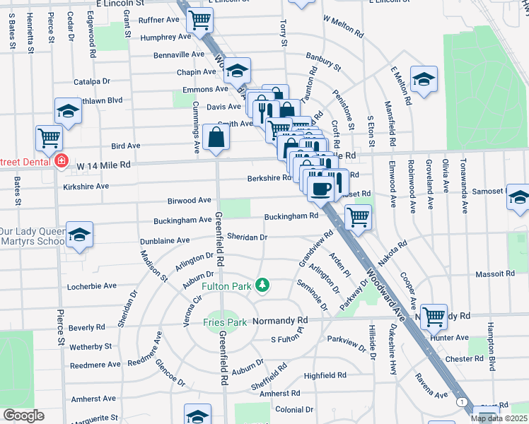map of restaurants, bars, coffee shops, grocery stores, and more near 4412 Buckingham Road in Royal Oak