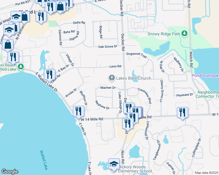 map of restaurants, bars, coffee shops, grocery stores, and more near 1585 Mariner Drive in Walled Lake