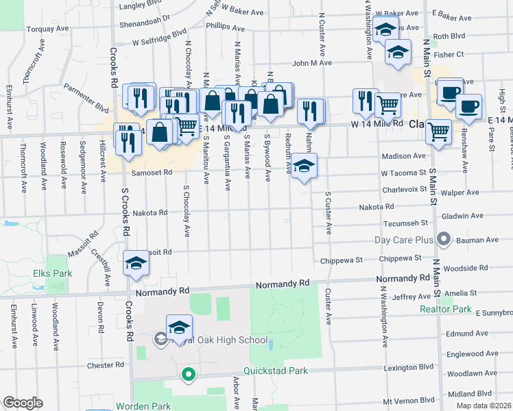 map of restaurants, bars, coffee shops, grocery stores, and more near 427 South Marias Avenue in Clawson