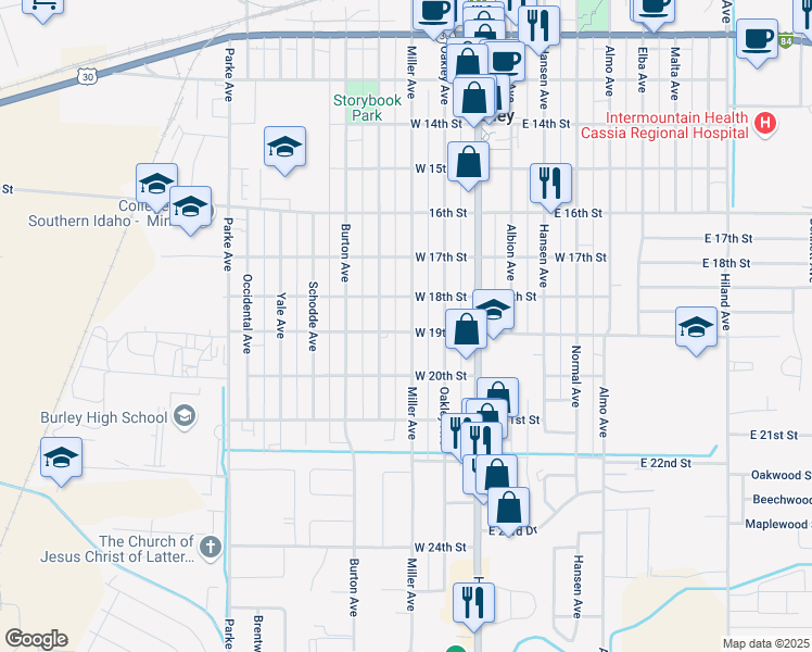 map of restaurants, bars, coffee shops, grocery stores, and more near 1842 Miller Avenue in Burley