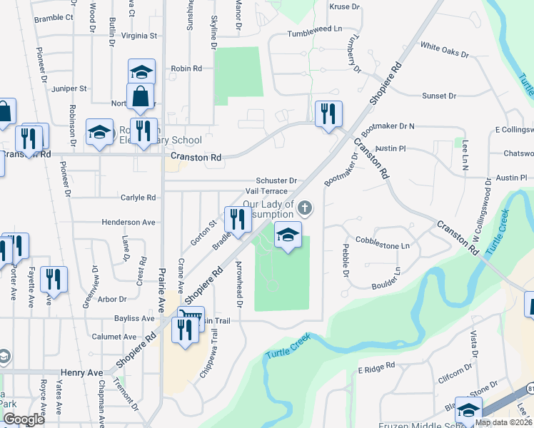 map of restaurants, bars, coffee shops, grocery stores, and more near 2157 Shopiere Road in Beloit