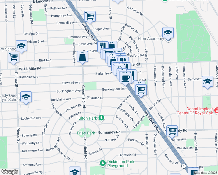 map of restaurants, bars, coffee shops, grocery stores, and more near 4322 Buckingham Road in Royal Oak