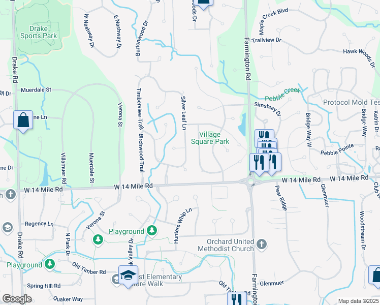 map of restaurants, bars, coffee shops, grocery stores, and more near 7254 Silver Leaf Lane in West Bloomfield Township