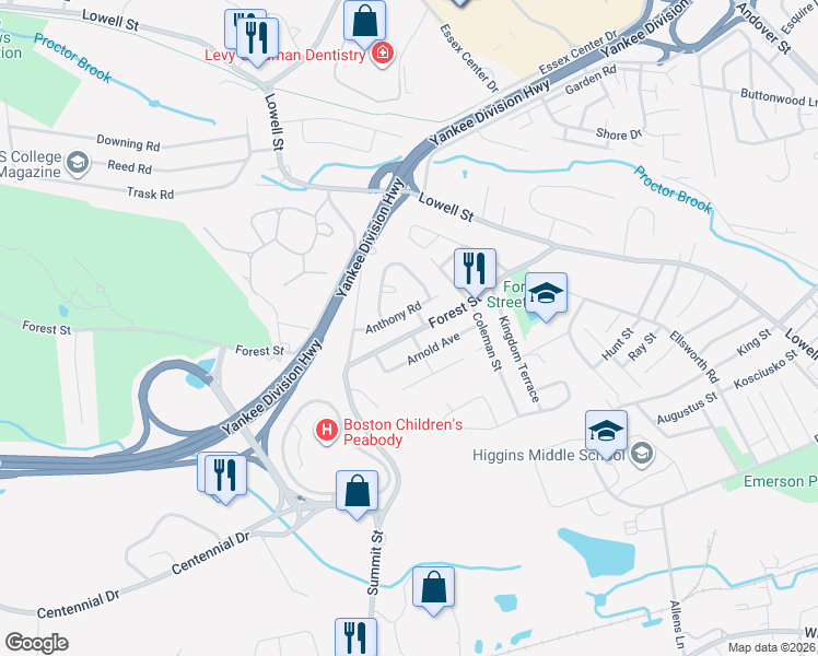 map of restaurants, bars, coffee shops, grocery stores, and more near 33 Forest Street in Peabody