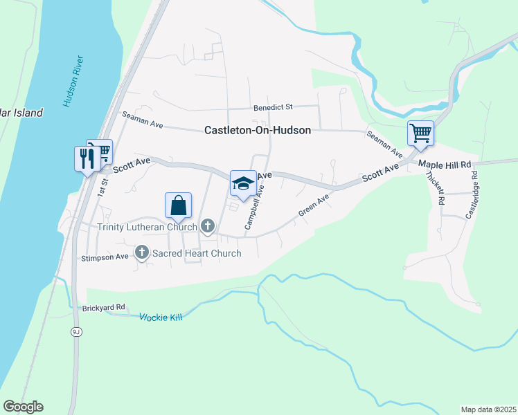 map of restaurants, bars, coffee shops, grocery stores, and more near 24 Campbell Avenue in Castleton-on-Hudson