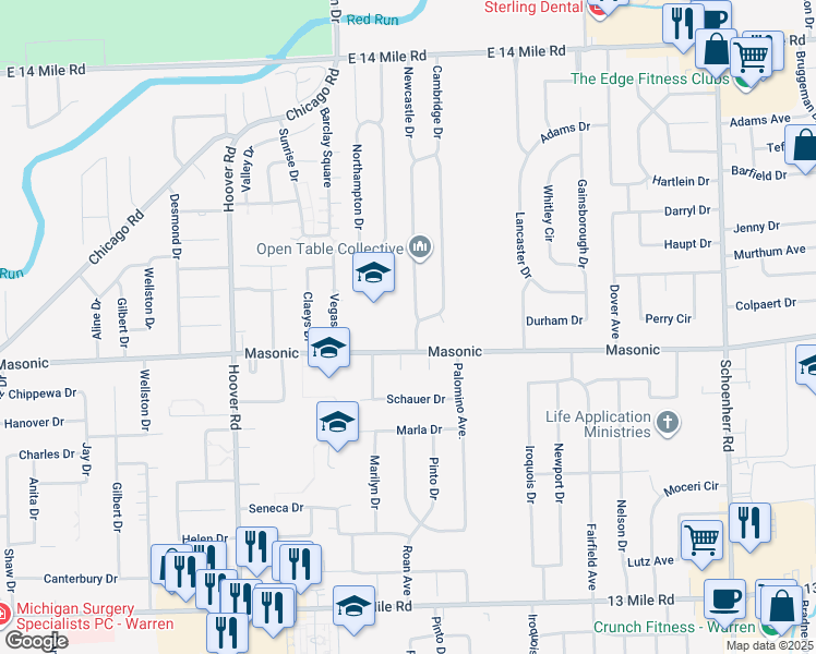 map of restaurants, bars, coffee shops, grocery stores, and more near 31915 Cambridge Drive in Warren