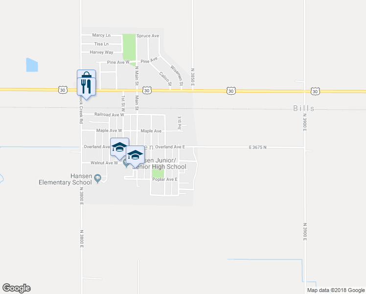 map of restaurants, bars, coffee shops, grocery stores, and more near 424 Overland Avenue East in Hansen