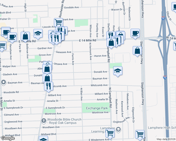map of restaurants, bars, coffee shops, grocery stores, and more near 1305 Donald Avenue in Royal Oak