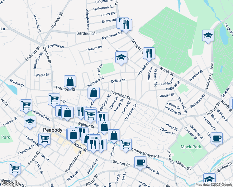 map of restaurants, bars, coffee shops, grocery stores, and more near Tremont Street in Peabody