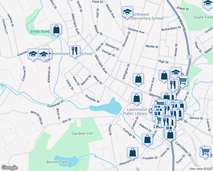 map of restaurants, bars, coffee shops, grocery stores, and more near 159 West Street in Leominster