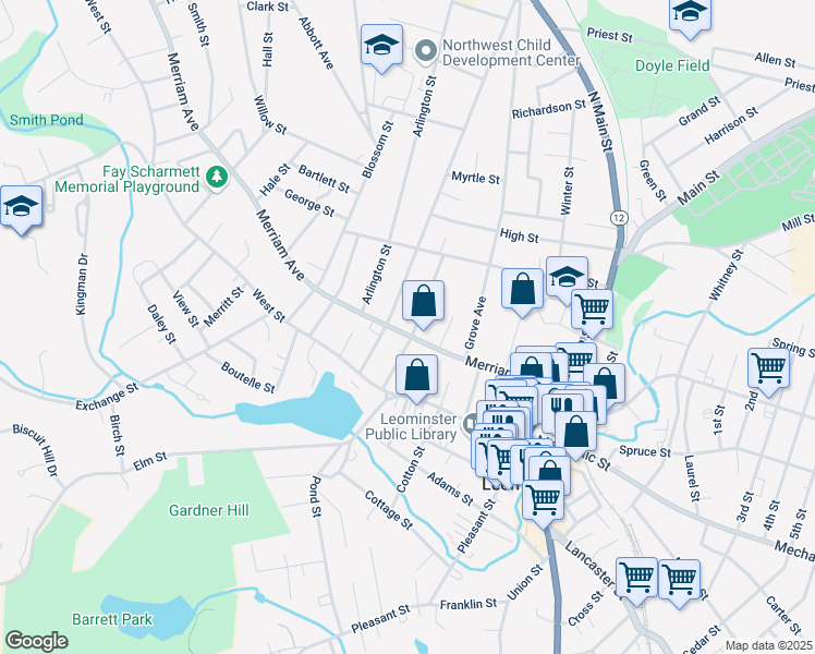 map of restaurants, bars, coffee shops, grocery stores, and more near 149 Merriam Avenue in Leominster