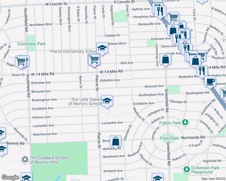 map of restaurants, bars, coffee shops, grocery stores, and more near 16257 Birwood Avenue in Beverly Hills
