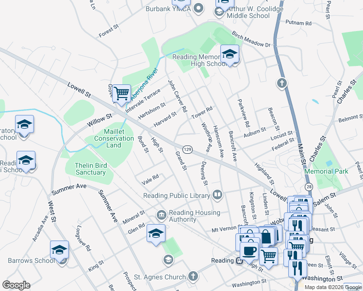 map of restaurants, bars, coffee shops, grocery stores, and more near 193 Massachusetts 129 in Reading