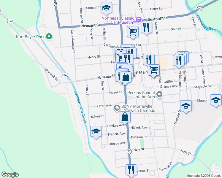 map of restaurants, bars, coffee shops, grocery stores, and more near 10-12 Hayes St in Norwich