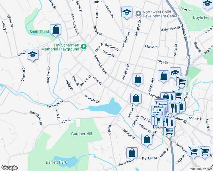 map of restaurants, bars, coffee shops, grocery stores, and more near 160 West Street in Leominster
