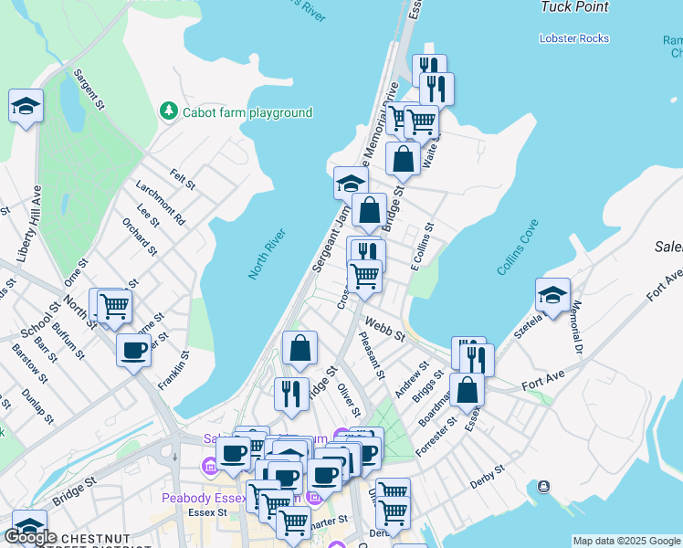 map of restaurants, bars, coffee shops, grocery stores, and more near 8 Cross Street Court in Salem