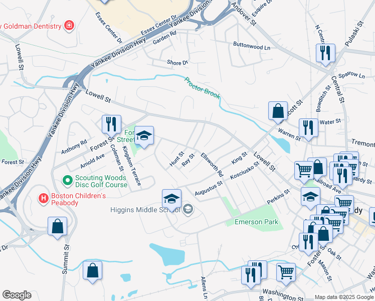map of restaurants, bars, coffee shops, grocery stores, and more near 2 Hunt Street in Peabody