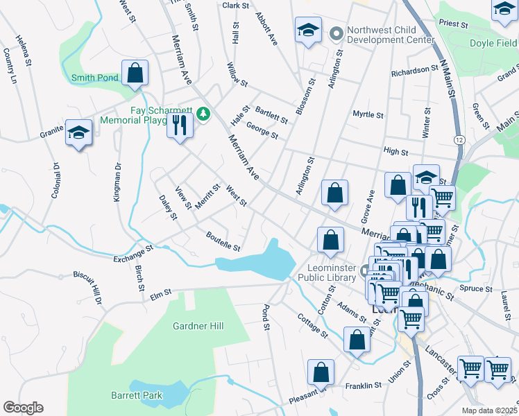 map of restaurants, bars, coffee shops, grocery stores, and more near 160 West Street in Leominster