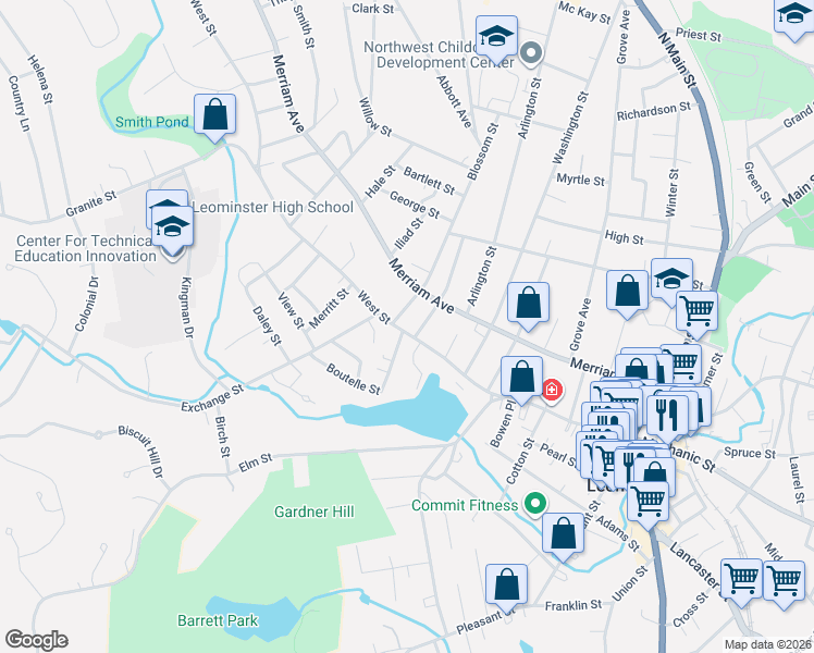 map of restaurants, bars, coffee shops, grocery stores, and more near 160 West Street in Leominster