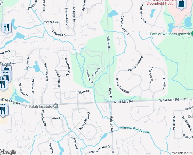 map of restaurants, bars, coffee shops, grocery stores, and more near 7275 Danbrooke in West Bloomfield Township