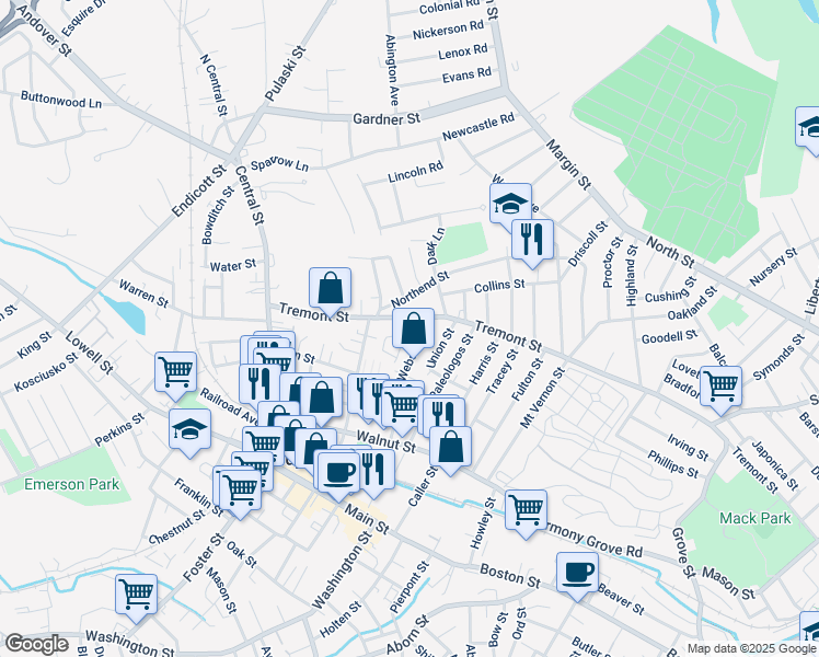 map of restaurants, bars, coffee shops, grocery stores, and more near 49 Tremont Street in Peabody