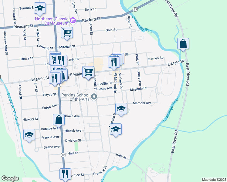 map of restaurants, bars, coffee shops, grocery stores, and more near 40 Midland Drive in Norwich