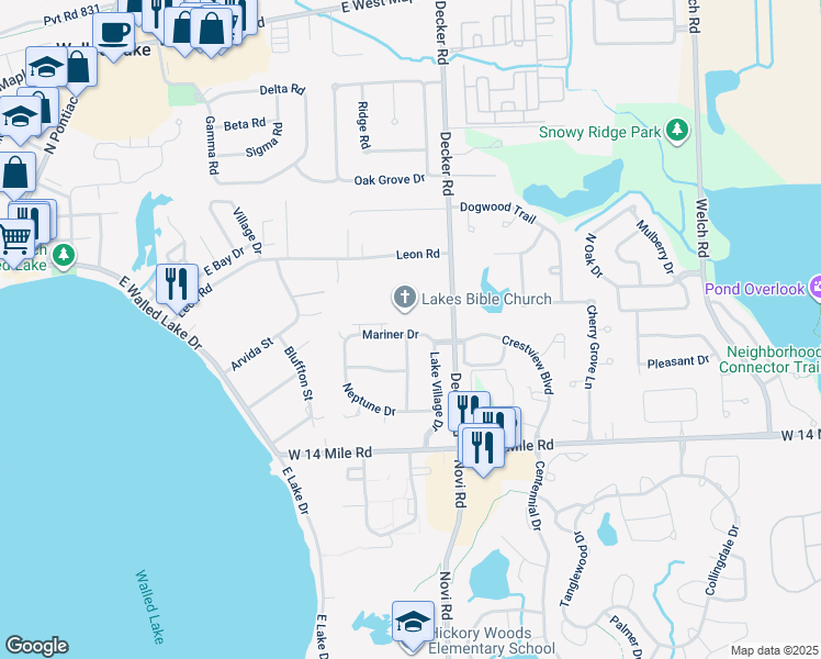map of restaurants, bars, coffee shops, grocery stores, and more near 1585 Mariner Drive in Walled Lake