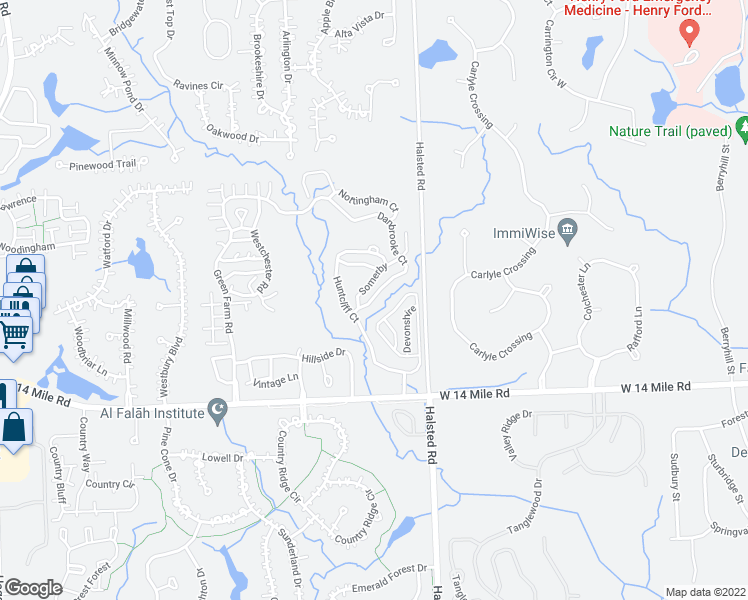 map of restaurants, bars, coffee shops, grocery stores, and more near 7275 Danbrooke in West Bloomfield Township