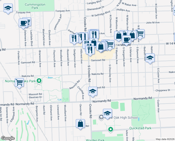 map of restaurants, bars, coffee shops, grocery stores, and more near 4413 Crooks Road in Royal Oak