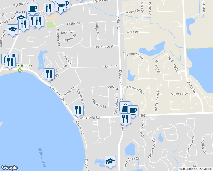 map of restaurants, bars, coffee shops, grocery stores, and more near 1555 Mariner Drive in Walled Lake