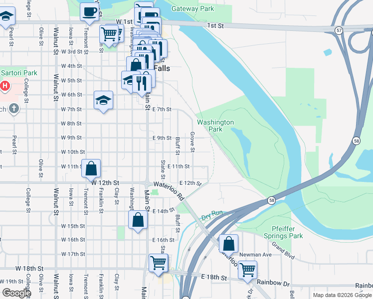 map of restaurants, bars, coffee shops, grocery stores, and more near 316 East 10th Street in Cedar Falls