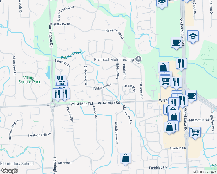 map of restaurants, bars, coffee shops, grocery stores, and more near 7435 Pebble Pointe in West Bloomfield Township