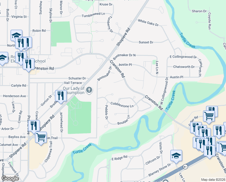 map of restaurants, bars, coffee shops, grocery stores, and more near 2074 Cobblestone Court in Beloit