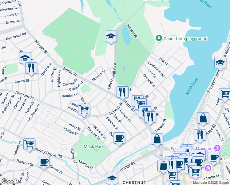 map of restaurants, bars, coffee shops, grocery stores, and more near 164 North Street in Salem