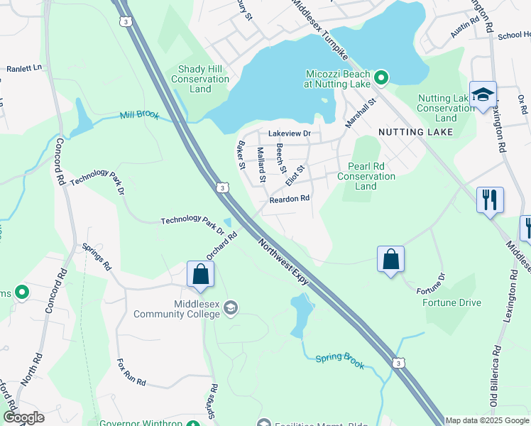 map of restaurants, bars, coffee shops, grocery stores, and more near 3 Winter Street in Billerica