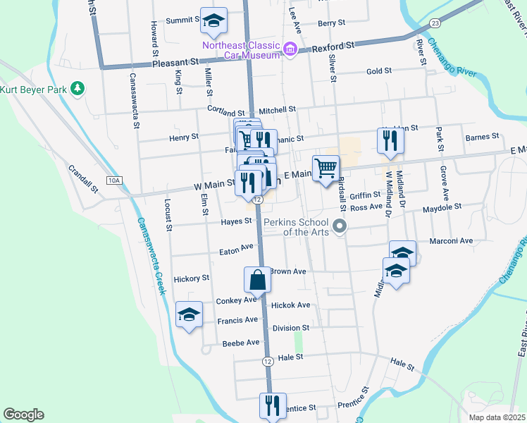 map of restaurants, bars, coffee shops, grocery stores, and more near 47 South Broad Street in Norwich