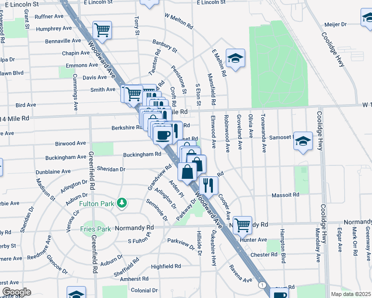 map of restaurants, bars, coffee shops, grocery stores, and more near 4132 Buckingham Road in Royal Oak