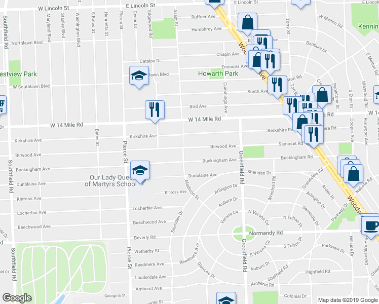 map of restaurants, bars, coffee shops, grocery stores, and more near 15837 Birwood Avenue in Franklin