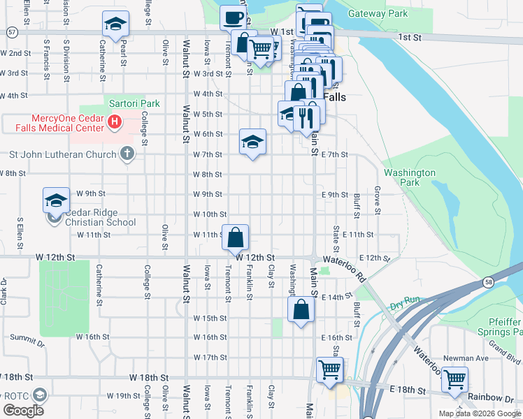 map of restaurants, bars, coffee shops, grocery stores, and more near 1001 Franklin Street in Cedar Falls