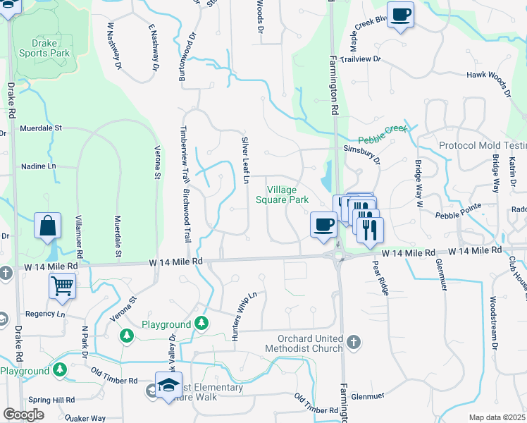 map of restaurants, bars, coffee shops, grocery stores, and more near 7254 Silver Leaf Lane in West Bloomfield Township