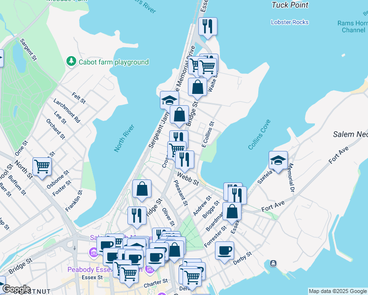 map of restaurants, bars, coffee shops, grocery stores, and more near 96 Bridge Street in Salem