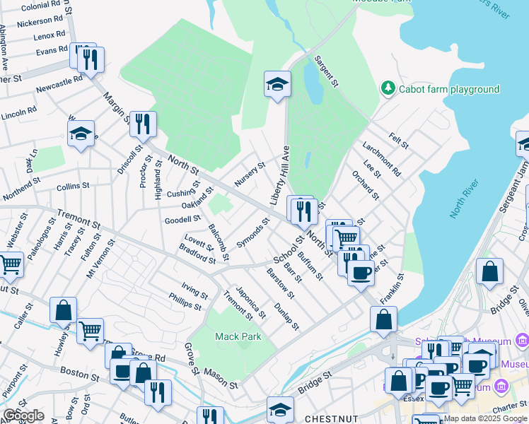 map of restaurants, bars, coffee shops, grocery stores, and more near 1 Symonds Street in Salem