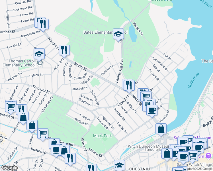 map of restaurants, bars, coffee shops, grocery stores, and more near 16 Northend Avenue in Salem