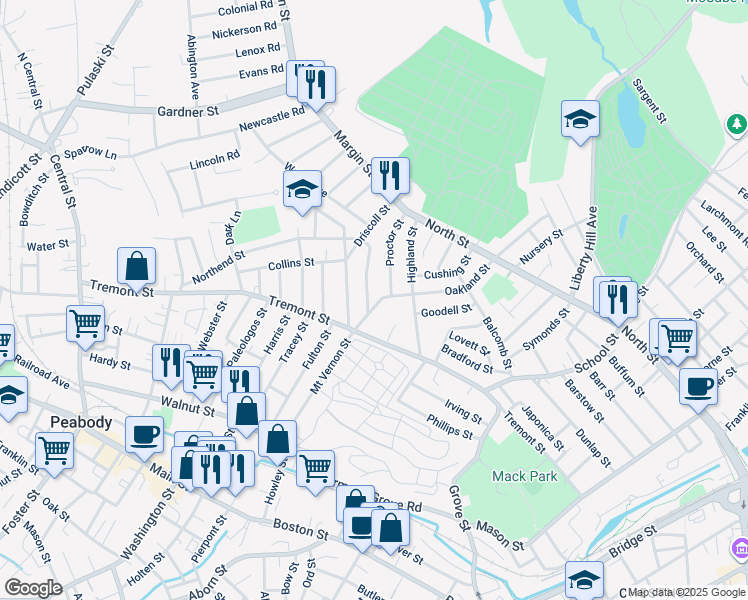 map of restaurants, bars, coffee shops, grocery stores, and more near 15R Oakland Street in Peabody
