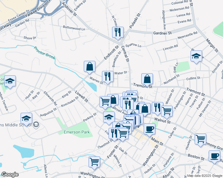 map of restaurants, bars, coffee shops, grocery stores, and more near 15 Crowninshield Street in Peabody