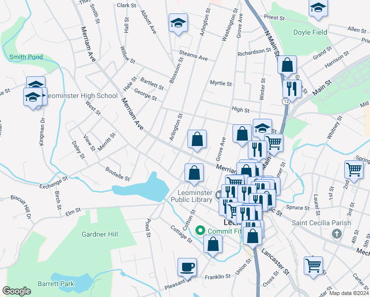 map of restaurants, bars, coffee shops, grocery stores, and more near 149 Merriam Avenue in Leominster
